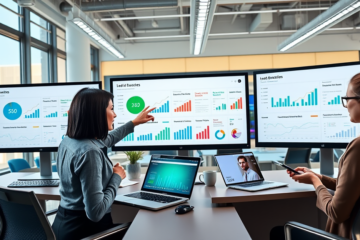 Equipo profesional en oficina moderna analizando métricas de medición de campañas digitales para mejorar SEO y eCPM