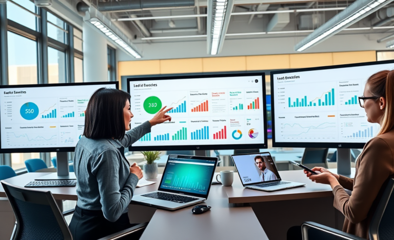 Equipo profesional en oficina moderna analizando métricas de medición de campañas digitales para mejorar SEO y eCPM