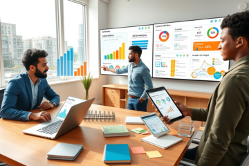 Equipo profesional colaborando en marketing de contenido para atraer clientes y mejorar tu SEO en oficina moderna y luminosa
