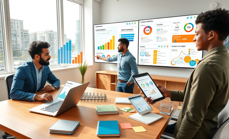 Equipo profesional colaborando en marketing de contenido para atraer clientes y mejorar tu SEO en oficina moderna y luminosa