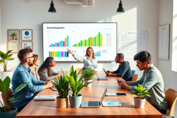 Equipo de profesionales colaborando en oficina moderna, usando redes sociales para promocionar empresa y aumentar alcance y ventas