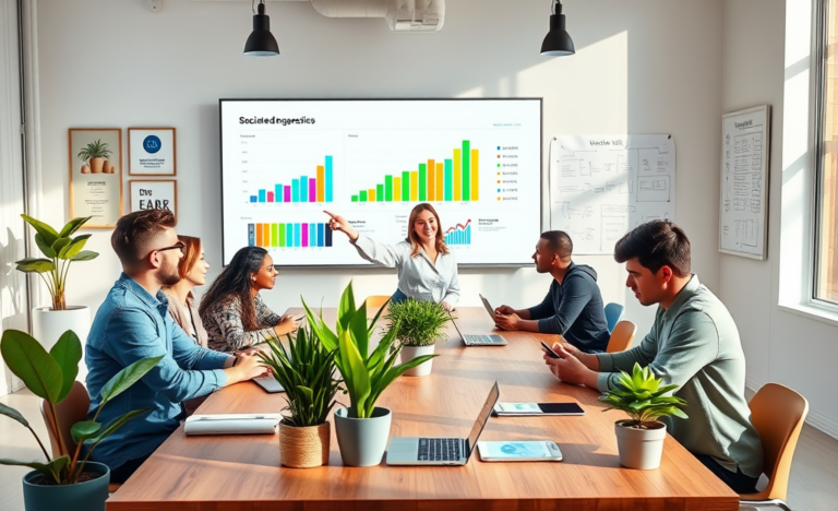 Equipo de profesionales colaborando en oficina moderna, usando redes sociales para promocionar empresa y aumentar alcance y ventas