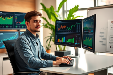 Especialista en marketing digital usando múltiples monitores con análisis SEO para aumentar visitas y mejorar eCPM en oficina moderna