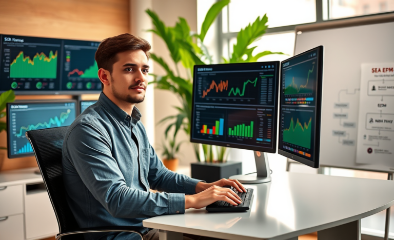 Especialista en marketing digital usando múltiples monitores con análisis SEO para aumentar visitas y mejorar eCPM en oficina moderna