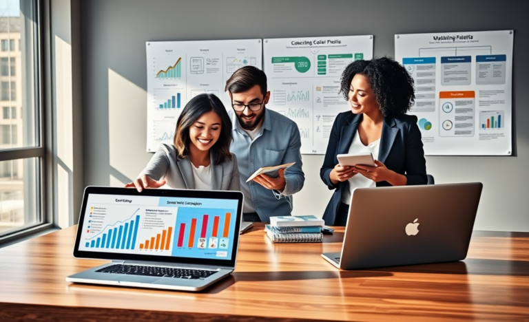 Equipo de profesionales en oficina moderna desarrollando estrategias de marketing digital para impulsar ventas