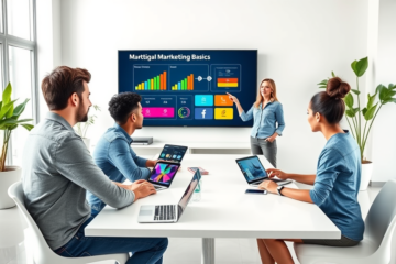 Jóvenes profesionales participando en un curso práctico y rentable de marketing digital en un aula moderna con tecnología y gráficos digitales