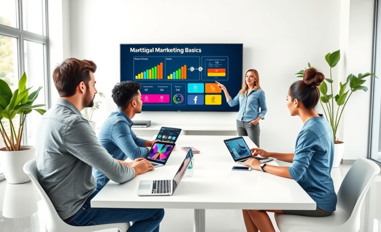 Jóvenes profesionales participando en un curso práctico y rentable de marketing digital en un aula moderna con tecnología y gráficos digitales