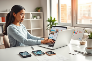 Mujer joven trabajando en marketing digital para principiantes en oficina moderna con laptop y dispositivos móviles