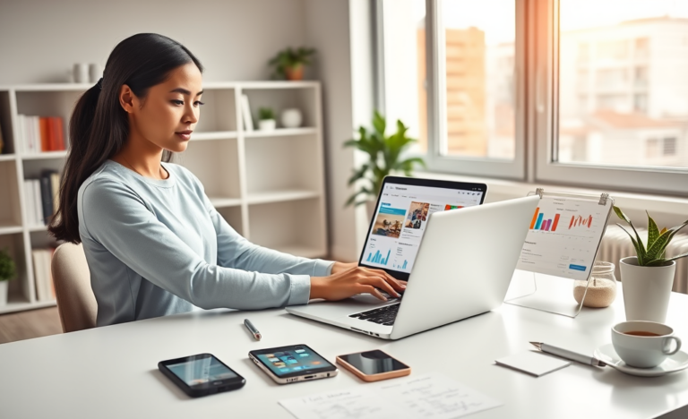 Mujer joven trabajando en marketing digital para principiantes en oficina moderna con laptop y dispositivos móviles