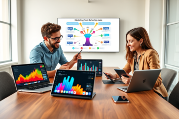 Profesionales colaborando en marketing digital para negocios en oficina moderna con dispositivos y gráficos de ventas