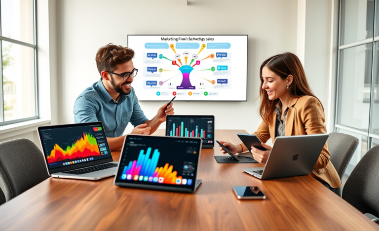 Profesionales colaborando en marketing digital para negocios en oficina moderna con dispositivos y gráficos de ventas