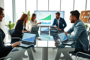 Profesionales colaborando en oficina moderna con dispositivos mostrando análisis de marketing digital para más tráfico y mejores resultados