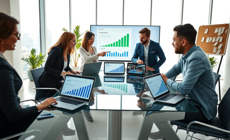Profesionales colaborando en oficina moderna con dispositivos mostrando análisis de marketing digital para más tráfico y mejores resultados